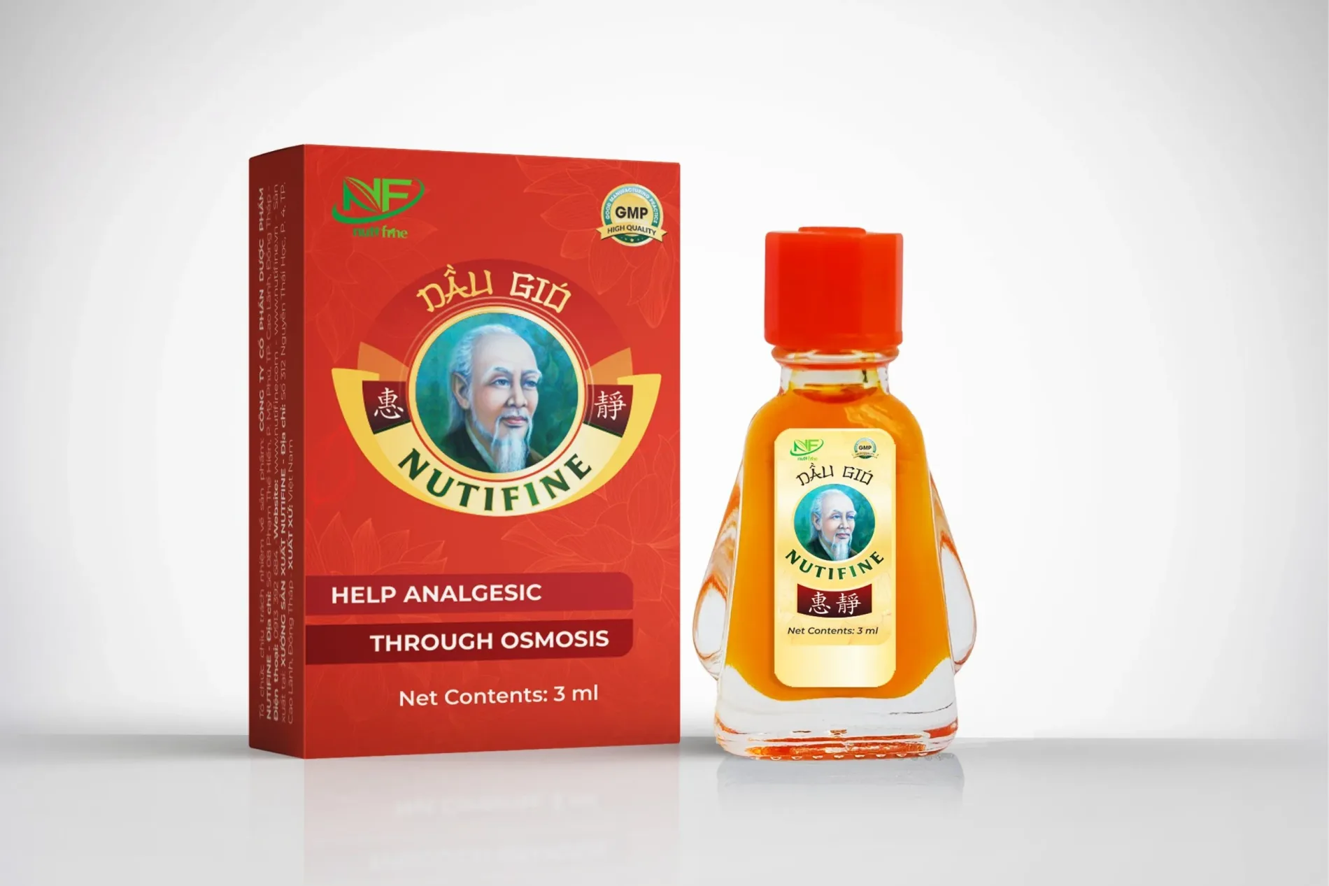Dầu Gió Nutifine hộp đỏ 3ml chứng nhận GMP giúp dịu da thơm mát