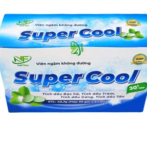 Hộp viên ngậm Super Cool Nutifine 30 gói không đường, hình minh họa bạc hà, tràm, tần, gừng, logo Nutifine, tem GMP.